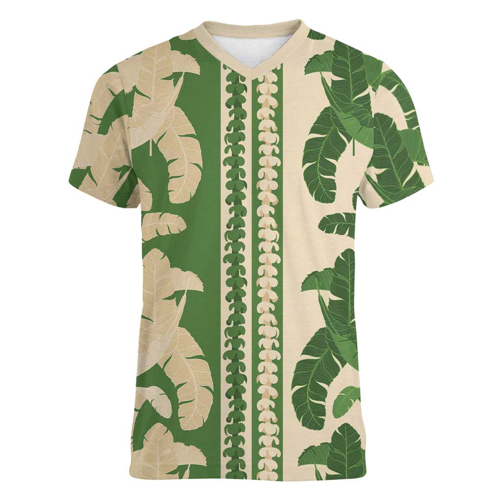 Hawaii Pua Kenikeni Lei Women V-Neck T-Shirt With Lau Maia Green