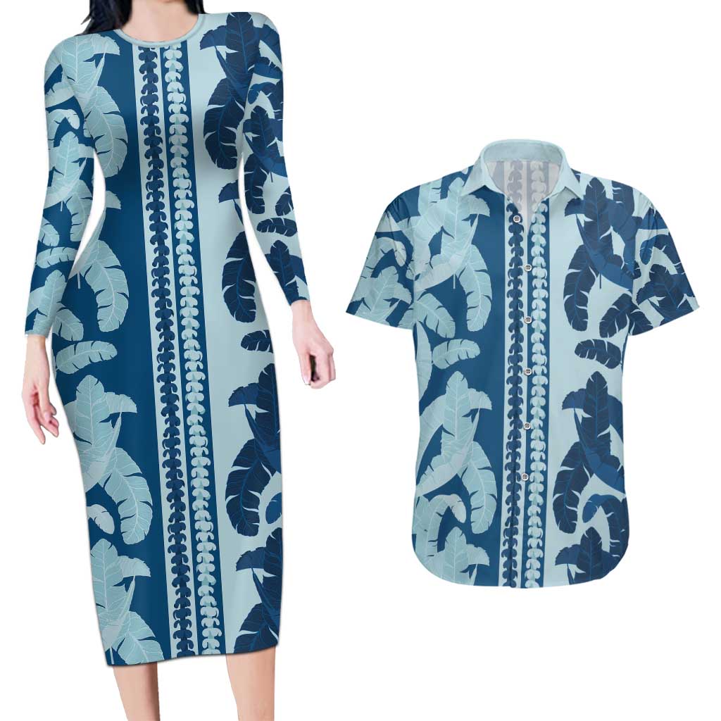 Hawaii Pua Kenikeni Lei Couples Matching Long Sleeve Bodycon Dress and Hawaiian Shirt With Lau Maia Royal Blue