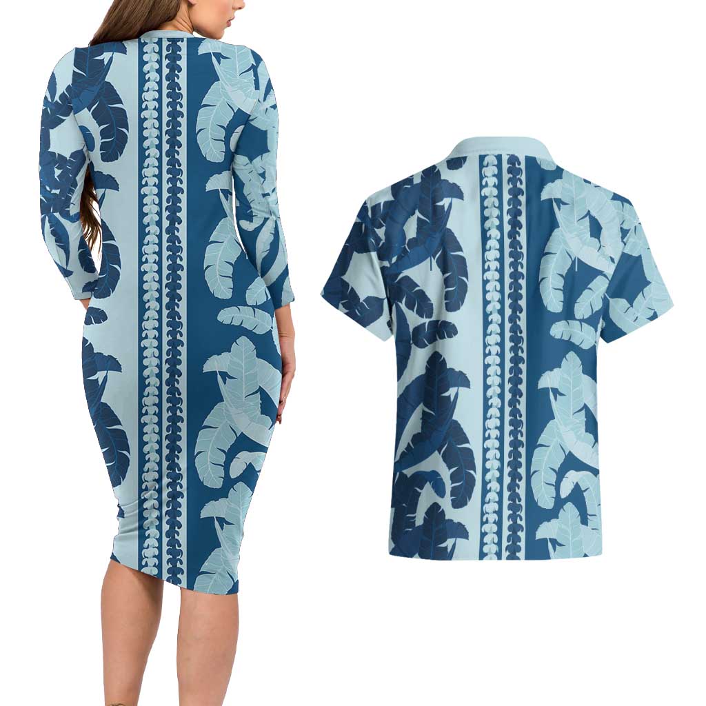 Hawaii Pua Kenikeni Lei Couples Matching Long Sleeve Bodycon Dress and Hawaiian Shirt With Lau Maia Royal Blue