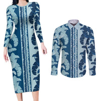 Hawaii Pua Kenikeni Lei Couples Matching Long Sleeve Bodycon Dress and Long Sleeve Button Shirt With Lau Maia Royal Blue