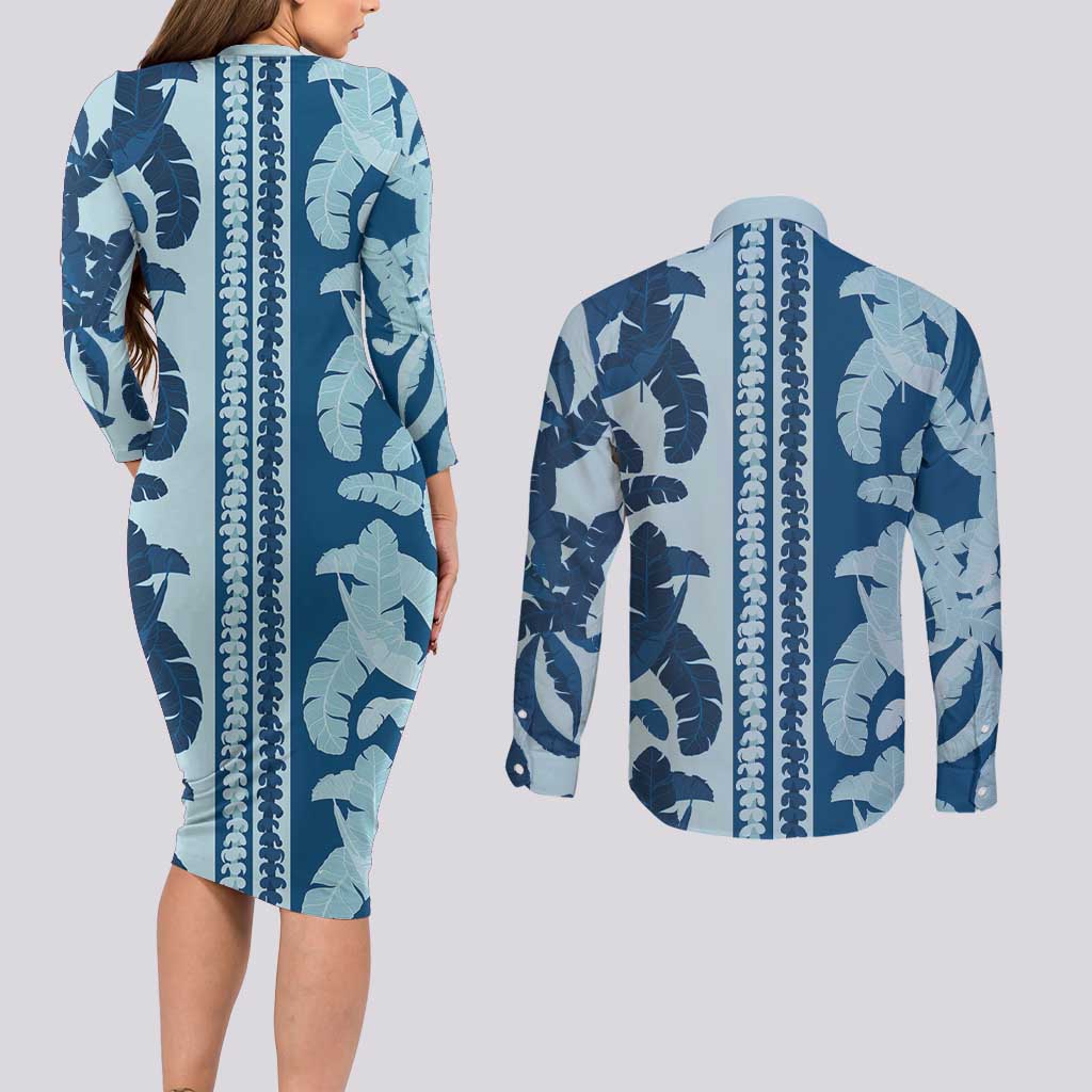 Hawaii Pua Kenikeni Lei Couples Matching Long Sleeve Bodycon Dress and Long Sleeve Button Shirt With Lau Maia Royal Blue