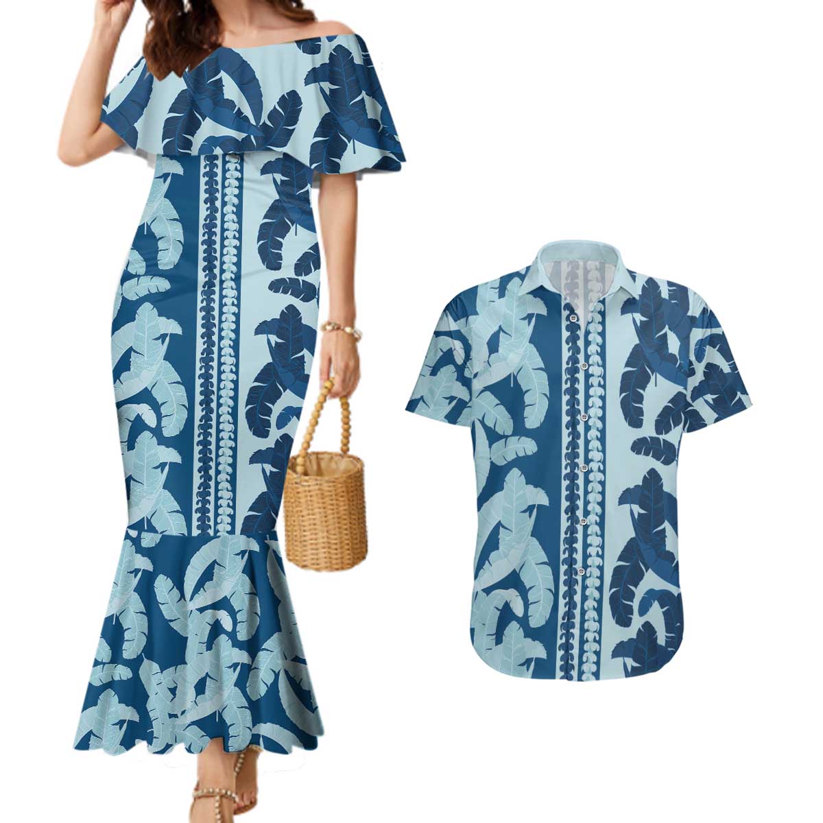 Hawaii Pua Kenikeni Lei Couples Matching Mermaid Dress and Hawaiian Shirt With Lau Maia Royal Blue