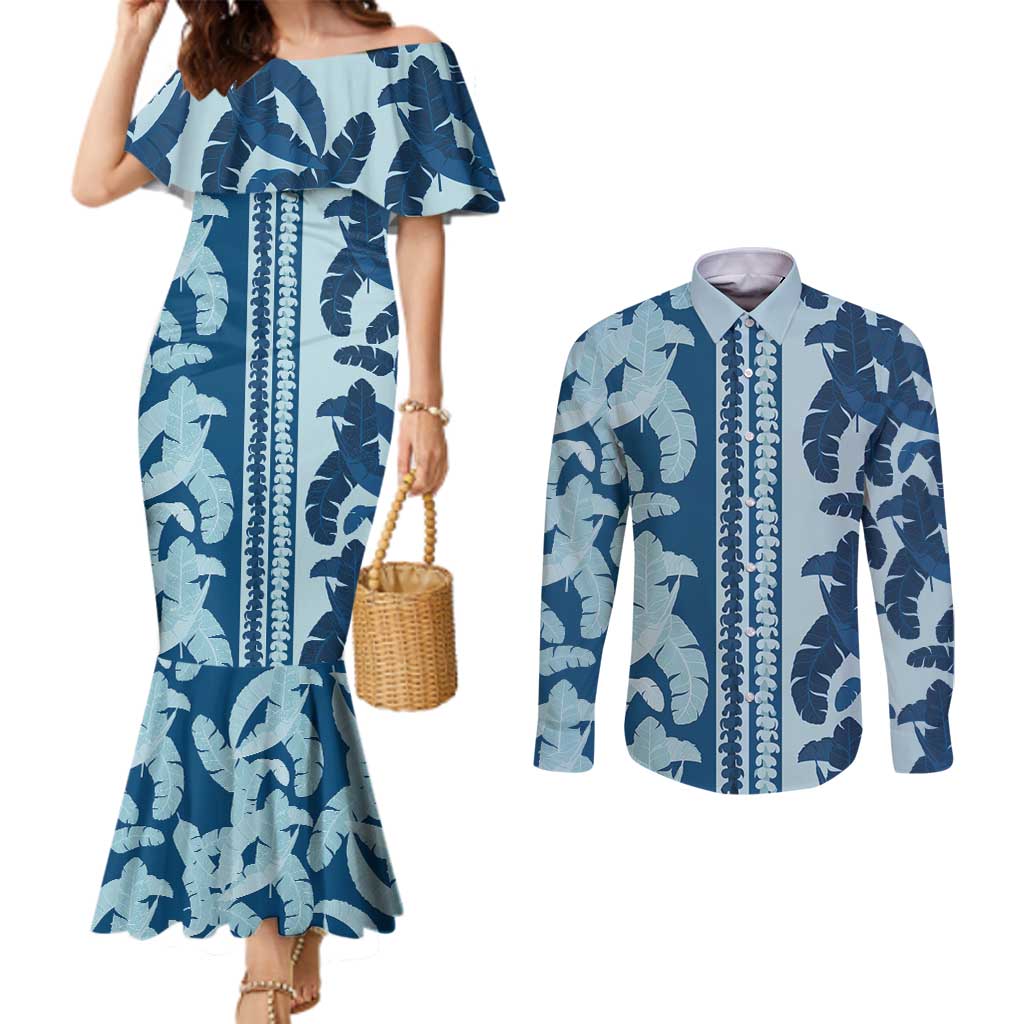 Hawaii Pua Kenikeni Lei Couples Matching Mermaid Dress and Long Sleeve Button Shirt With Lau Maia Royal Blue
