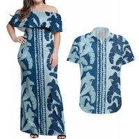 Hawaii Pua Kenikeni Lei Couples Matching Off Shoulder Maxi Dress and Hawaiian Shirt With Lau Maia Royal Blue