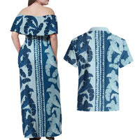 Hawaii Pua Kenikeni Lei Couples Matching Off Shoulder Maxi Dress and Hawaiian Shirt With Lau Maia Royal Blue