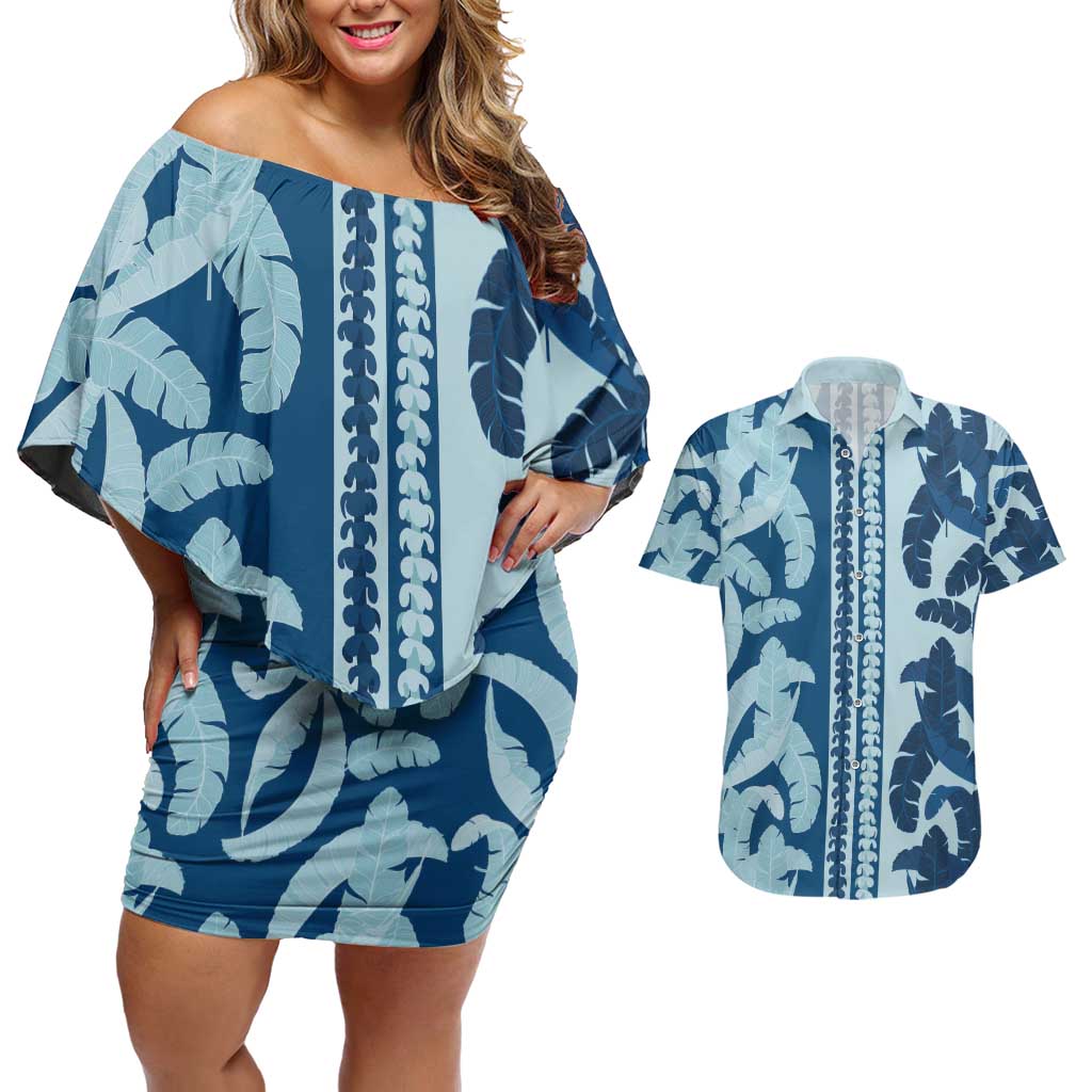 Hawaii Pua Kenikeni Lei Couples Matching Off Shoulder Short Dress and Hawaiian Shirt With Lau Maia Royal Blue