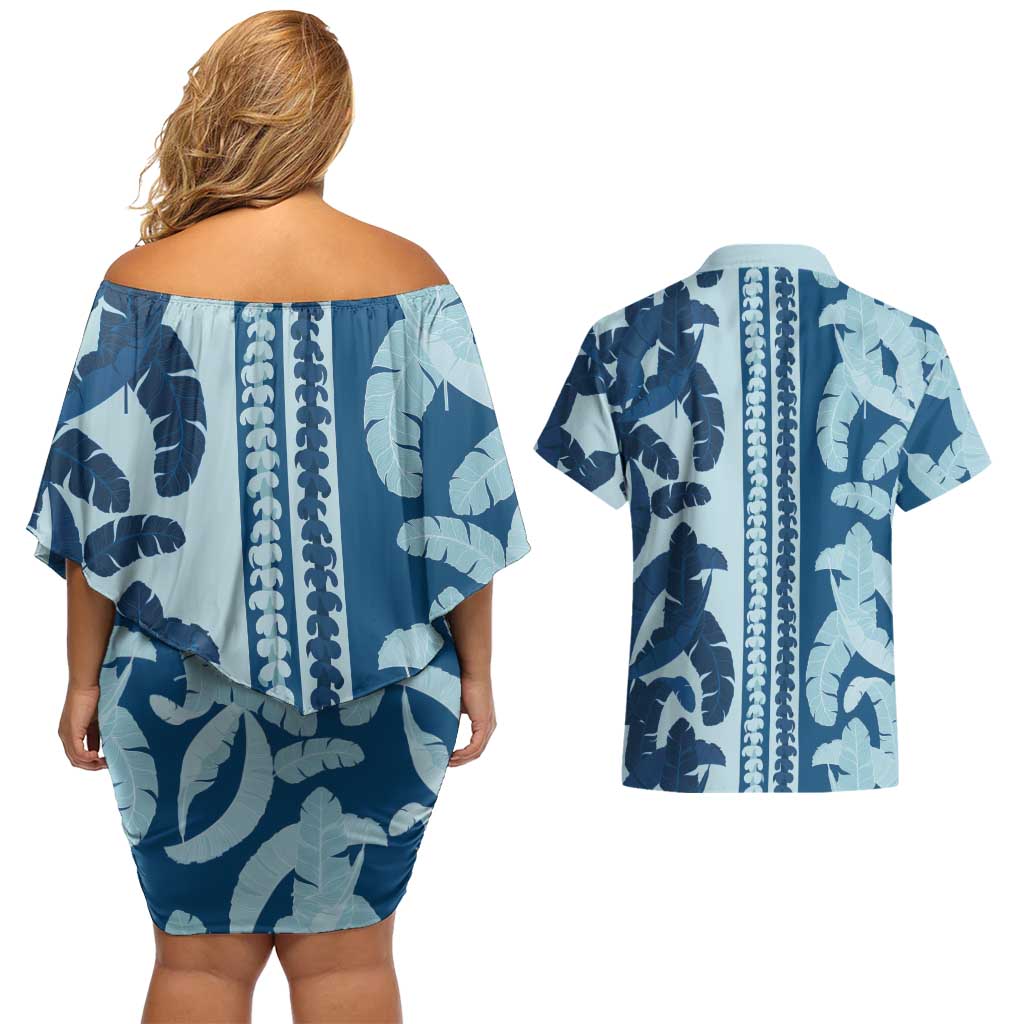 Hawaii Pua Kenikeni Lei Couples Matching Off Shoulder Short Dress and Hawaiian Shirt With Lau Maia Royal Blue