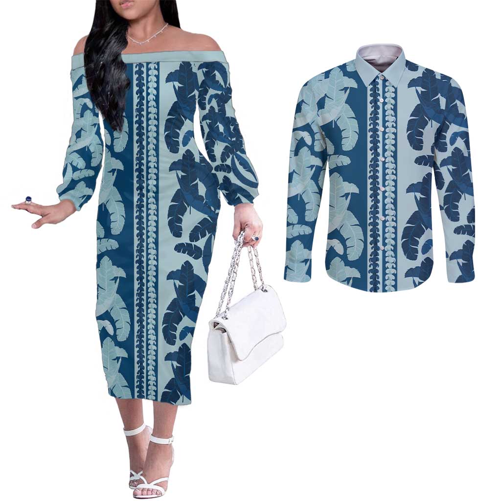 Hawaii Pua Kenikeni Lei Couples Matching Off The Shoulder Long Sleeve Dress and Long Sleeve Button Shirt With Lau Maia Royal Blue