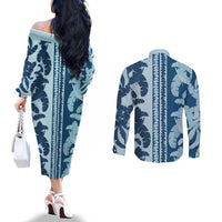 Hawaii Pua Kenikeni Lei Couples Matching Off The Shoulder Long Sleeve Dress and Long Sleeve Button Shirt With Lau Maia Royal Blue