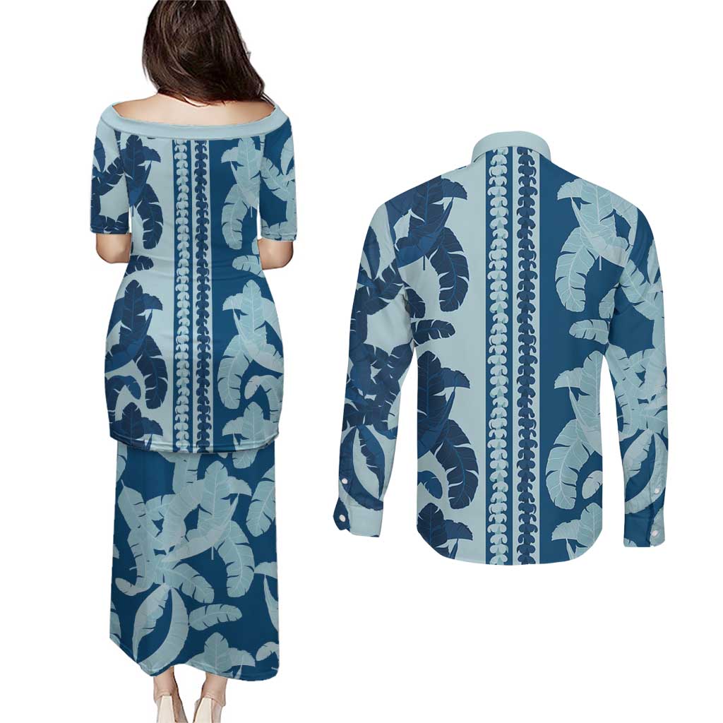 Hawaii Pua Kenikeni Lei Couples Matching Puletasi and Long Sleeve Button Shirt With Lau Maia Royal Blue LT05 - Polynesian Pride