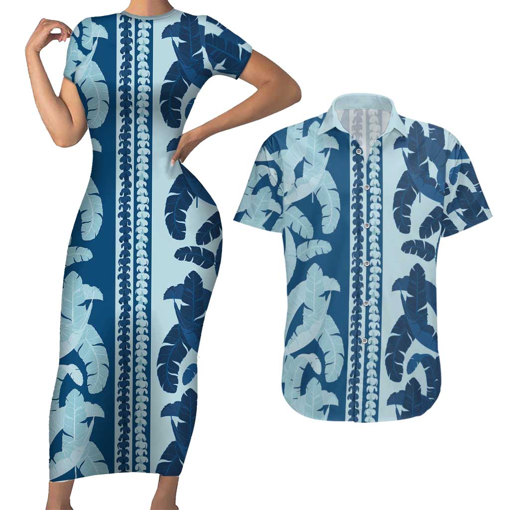 Hawaii Pua Kenikeni Lei Couples Matching Short Sleeve Bodycon Dress and Hawaiian Shirt With Lau Maia Royal Blue