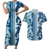 Hawaii Pua Kenikeni Lei Couples Matching Short Sleeve Bodycon Dress and Hawaiian Shirt With Lau Maia Royal Blue