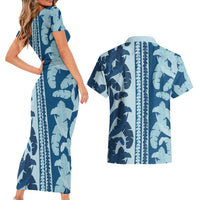 Hawaii Pua Kenikeni Lei Couples Matching Short Sleeve Bodycon Dress and Hawaiian Shirt With Lau Maia Royal Blue