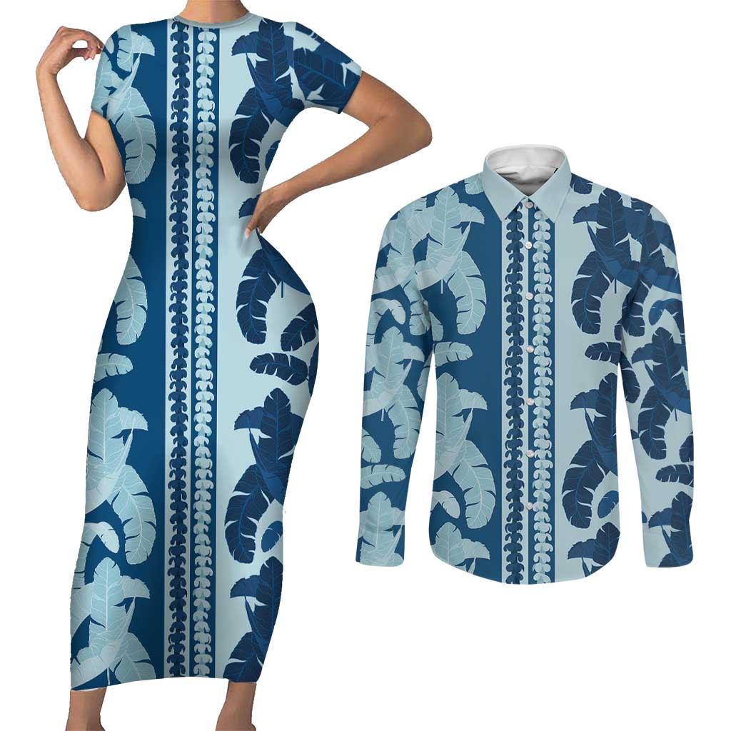 Hawaii Pua Kenikeni Lei Couples Matching Short Sleeve Bodycon Dress and Long Sleeve Button Shirt With Lau Maia Royal Blue