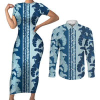 Hawaii Pua Kenikeni Lei Couples Matching Short Sleeve Bodycon Dress and Long Sleeve Button Shirt With Lau Maia Royal Blue