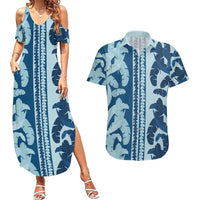 Hawaii Pua Kenikeni Lei Couples Matching Summer Maxi Dress and Hawaiian Shirt With Lau Maia Royal Blue