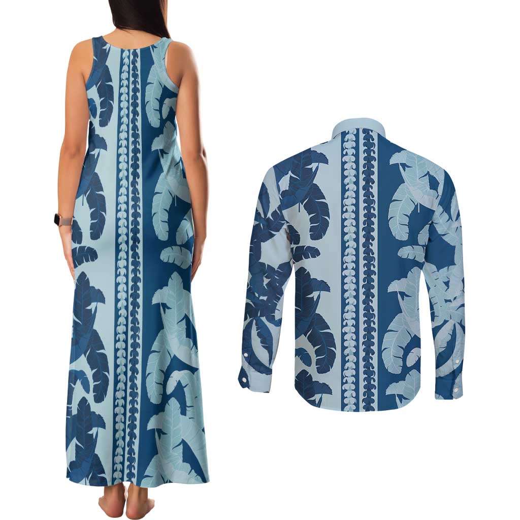 Hawaii Pua Kenikeni Lei Couples Matching Tank Maxi Dress and Long Sleeve Button Shirt With Lau Maia Royal Blue
