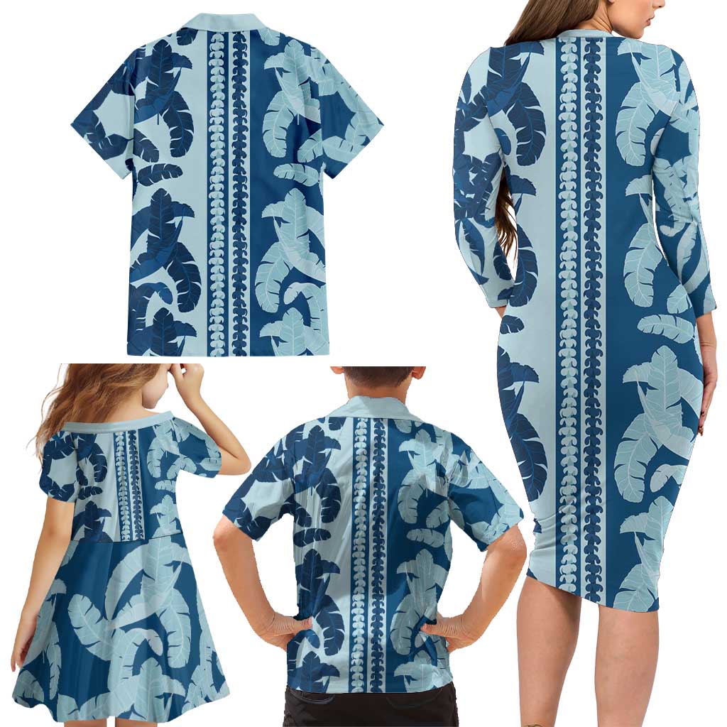 Hawaii Pua Kenikeni Lei Family Matching Long Sleeve Bodycon Dress and Hawaiian Shirt With Lau Maia Royal Blue