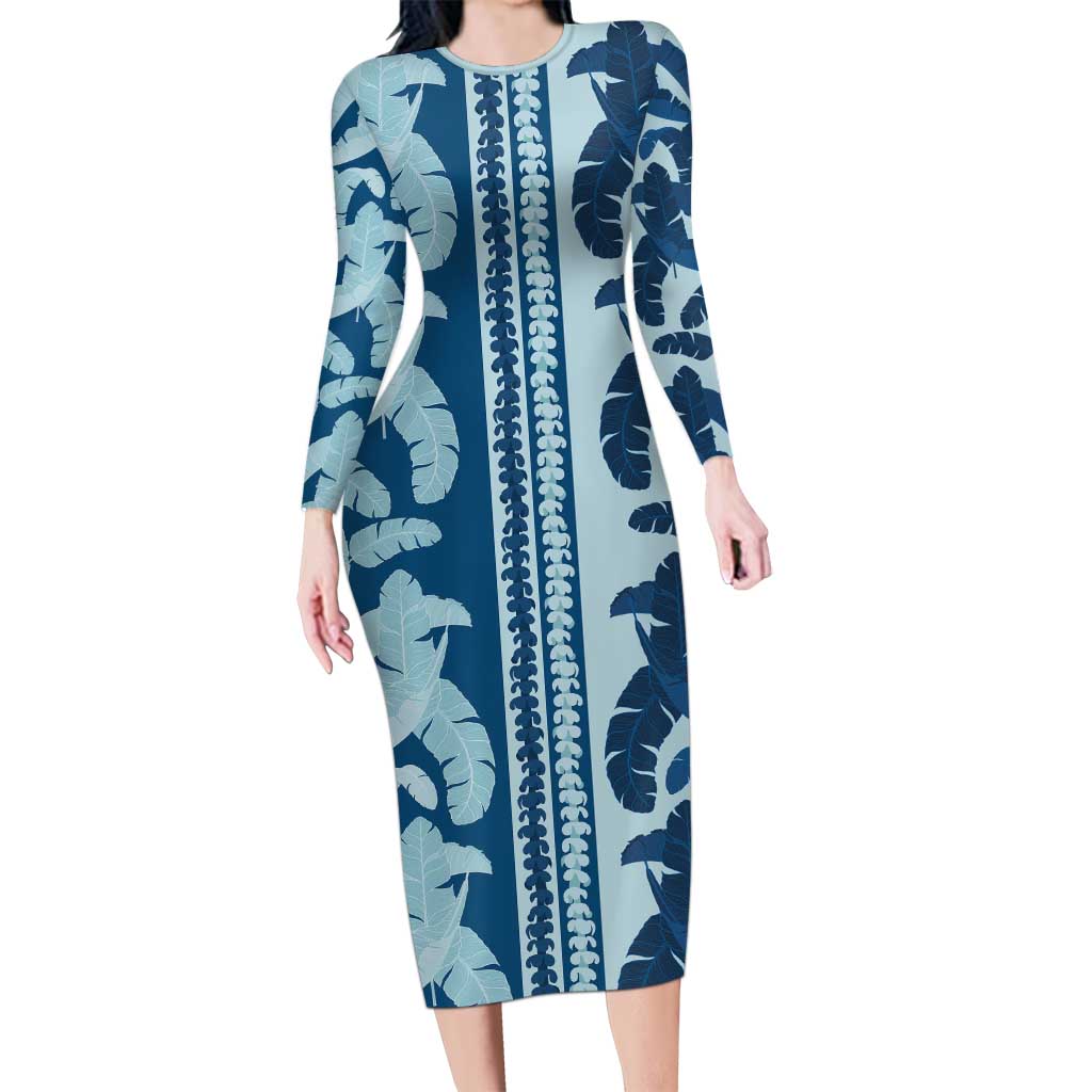 Hawaii Pua Kenikeni Lei Family Matching Long Sleeve Bodycon Dress and Hawaiian Shirt With Lau Maia Royal Blue