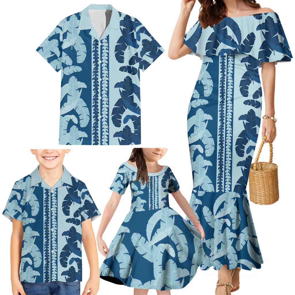 Hawaii Pua Kenikeni Lei Family Matching Mermaid Dress and Hawaiian Shirt With Lau Maia Royal Blue