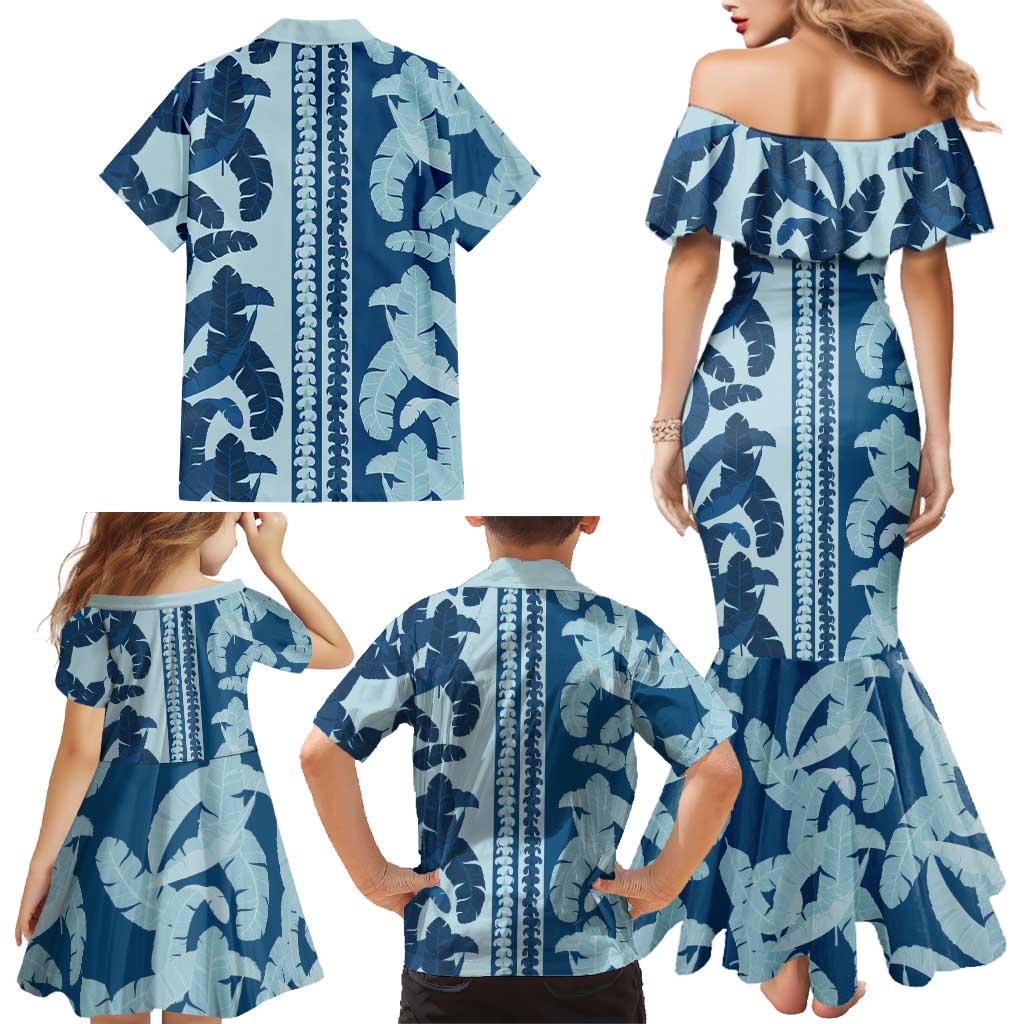 Hawaii Pua Kenikeni Lei Family Matching Mermaid Dress and Hawaiian Shirt With Lau Maia Royal Blue