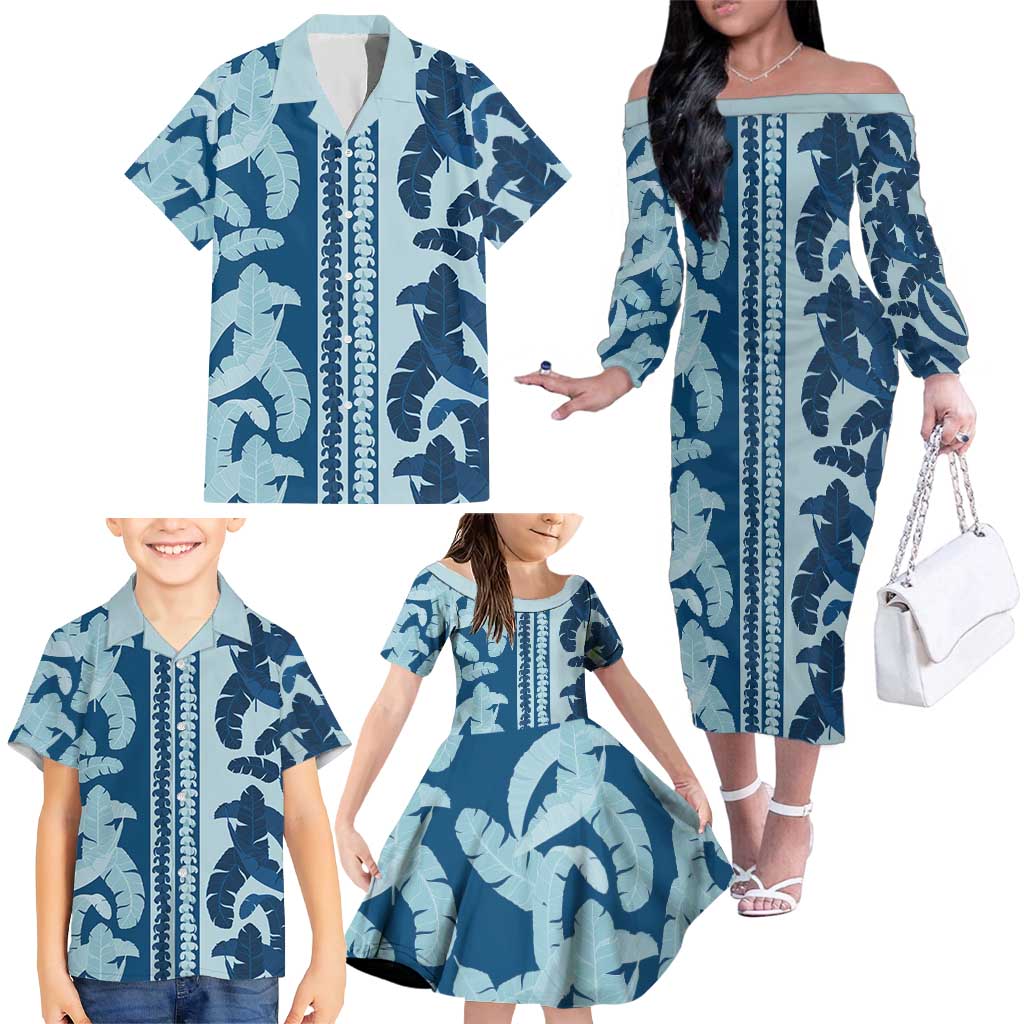 Hawaii Pua Kenikeni Lei Family Matching Off The Shoulder Long Sleeve Dress and Hawaiian Shirt With Lau Maia Royal Blue