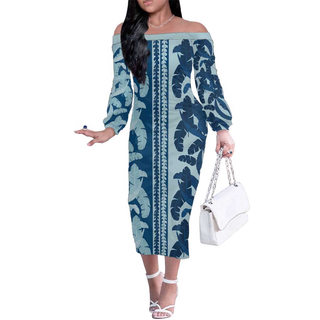 Hawaii Pua Kenikeni Lei Family Matching Off The Shoulder Long Sleeve Dress and Hawaiian Shirt With Lau Maia Royal Blue