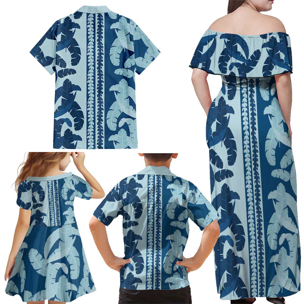 Hawaii Pua Kenikeni Lei Family Matching Off Shoulder Maxi Dress and Hawaiian Shirt With Lau Maia Royal Blue