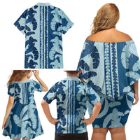 Hawaii Pua Kenikeni Lei Family Matching Off Shoulder Short Dress and Hawaiian Shirt With Lau Maia Royal Blue