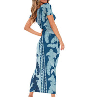 Hawaii Pua Kenikeni Lei Family Matching Short Sleeve Bodycon Dress and Hawaiian Shirt With Lau Maia Royal Blue