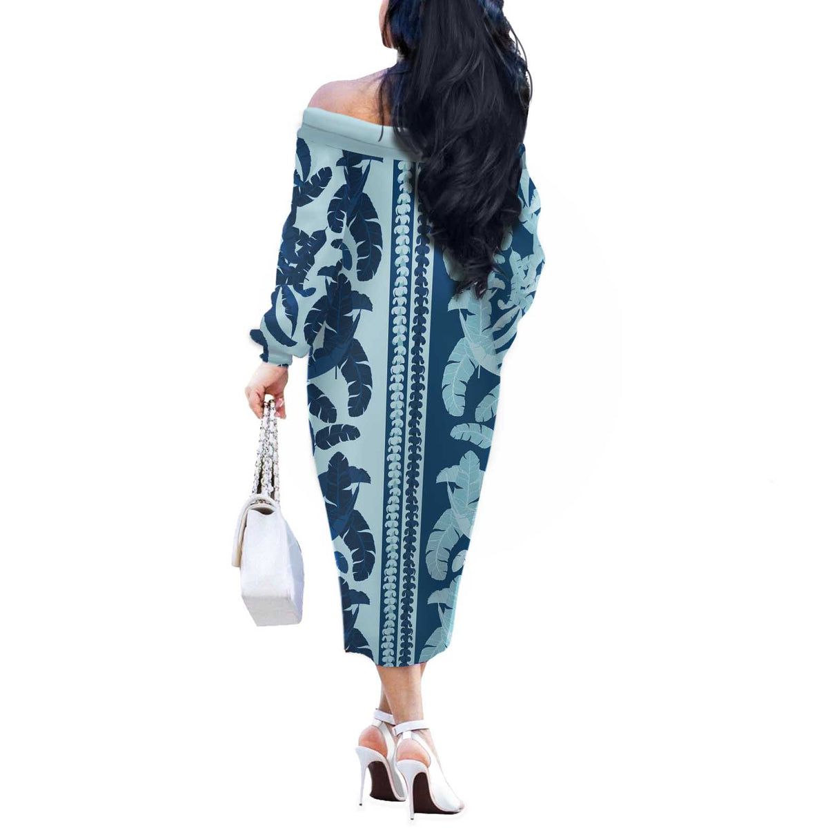 Hawaii Pua Kenikeni Lei Off The Shoulder Long Sleeve Dress With Lau Maia Royal Blue