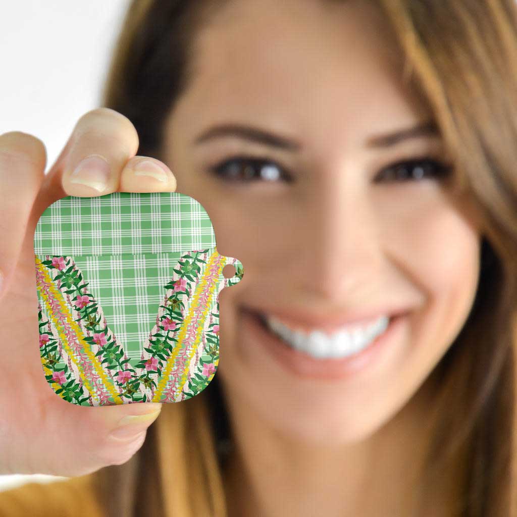 Hawaii Pikake Lokelani Plumeria Lei AirPods Case Green Palaka Motifs LT05 - Polynesian Pride