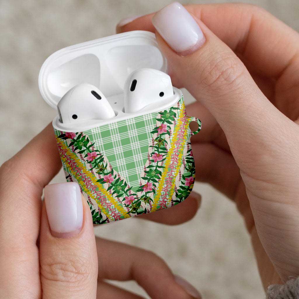 Hawaii Pikake Lokelani Plumeria Lei AirPods Case Green Palaka Motifs LT05 - Polynesian Pride