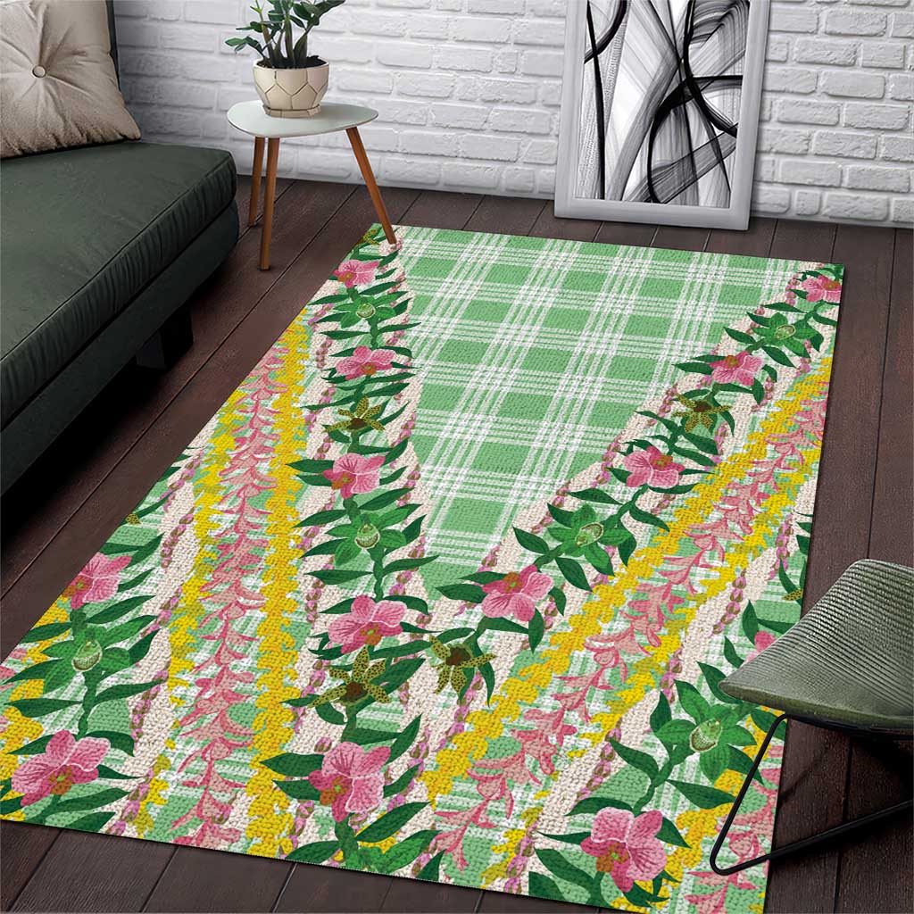 Hawaii Pikake Lokelani Plumeria Lei Area Rug Green Palaka Motifs LT05 Green - Polynesian Pride