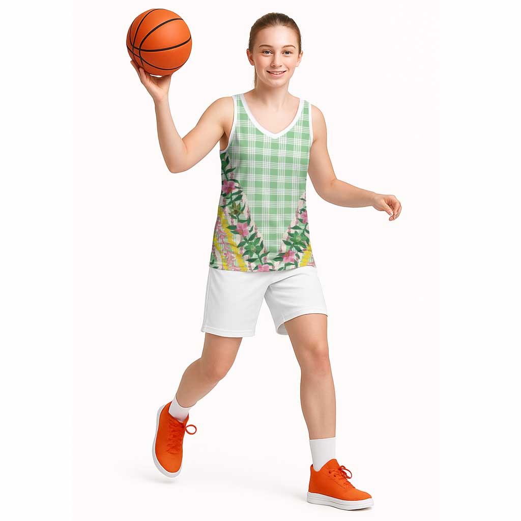 Hawaii Pikake Lokelani Plumeria Lei Basketball Jersey Green Palaka Motifs