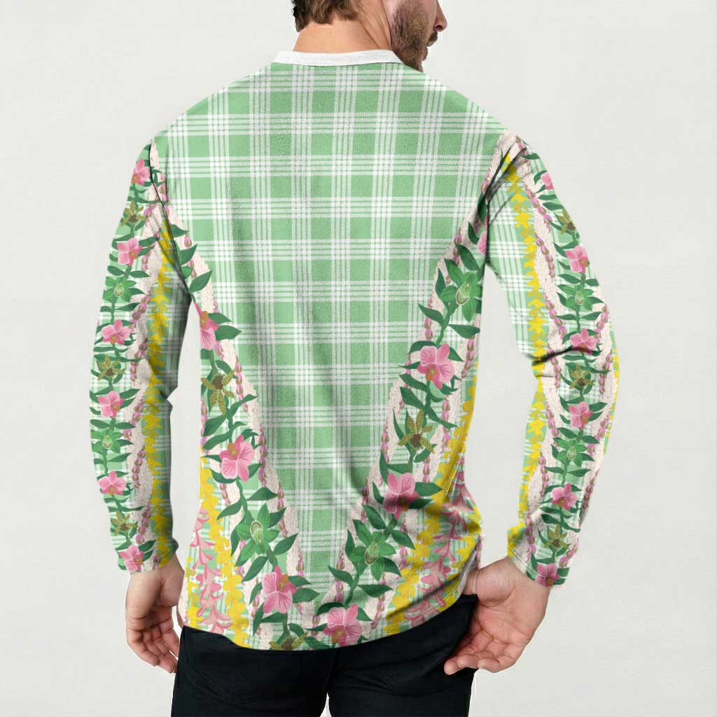 Hawaii Pikake Lokelani Plumeria Lei Button Sweatshirt Green Palaka Motifs