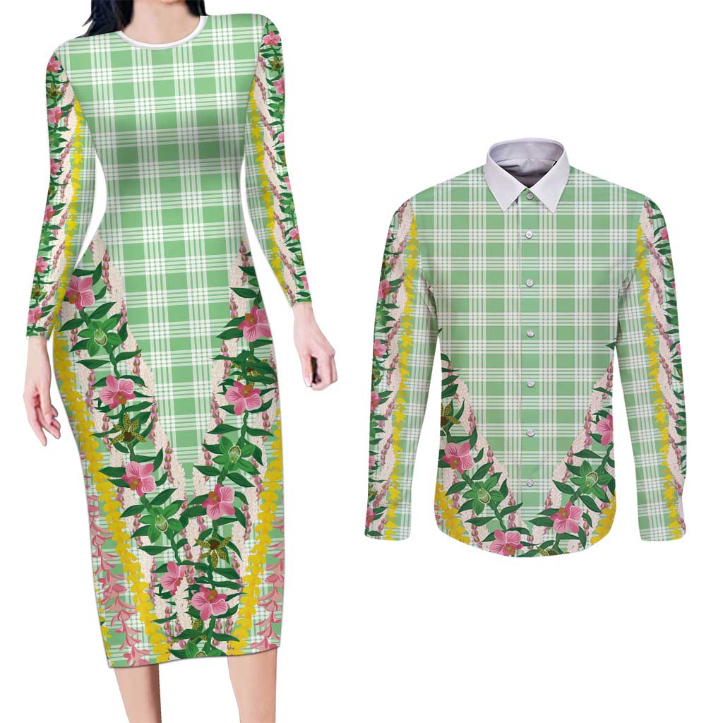 Hawaii Pikake Lokelani Plumeria Lei Couples Matching Long Sleeve Bodycon Dress and Long Sleeve Button Shirt Green Palaka Motifs