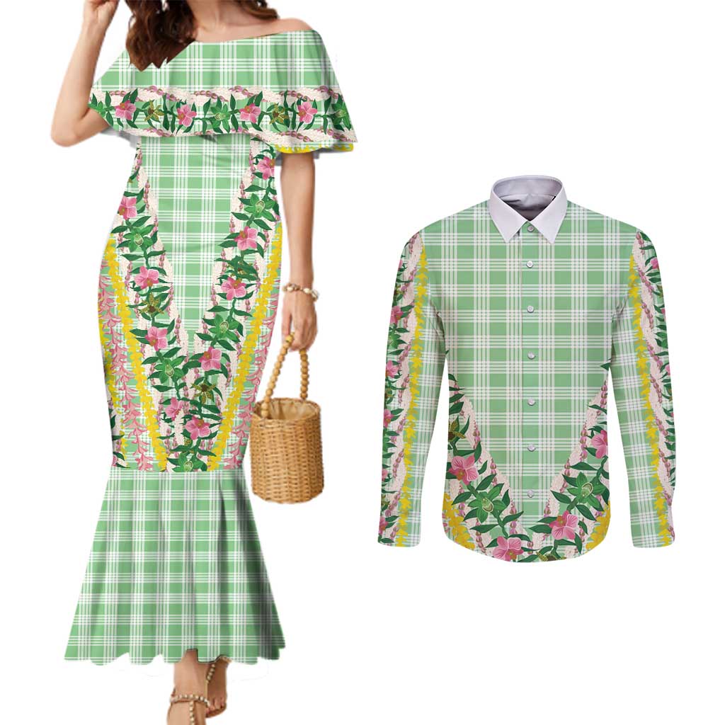 Hawaii Pikake Lokelani Plumeria Lei Couples Matching Mermaid Dress and Long Sleeve Button Shirt Green Palaka Motifs