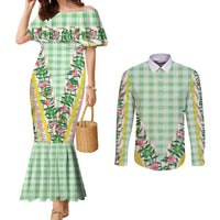 Hawaii Pikake Lokelani Plumeria Lei Couples Matching Mermaid Dress and Long Sleeve Button Shirt Green Palaka Motifs
