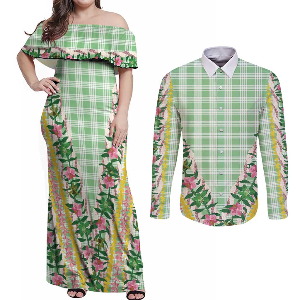 Hawaii Pikake Lokelani Plumeria Lei Couples Matching Off Shoulder Maxi Dress and Long Sleeve Button Shirt Green Palaka Motifs