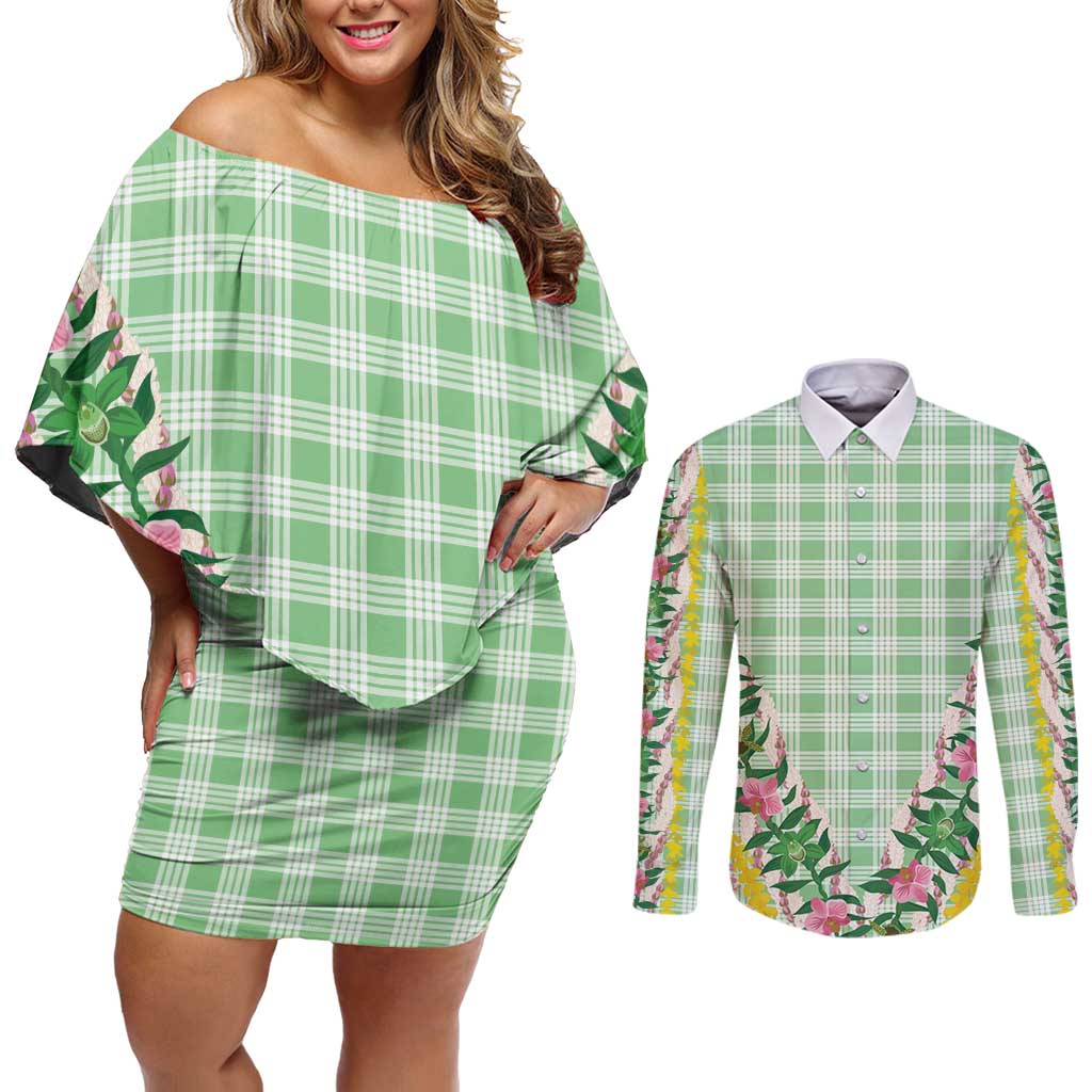 Hawaii Pikake Lokelani Plumeria Lei Couples Matching Off Shoulder Short Dress and Long Sleeve Button Shirt Green Palaka Motifs