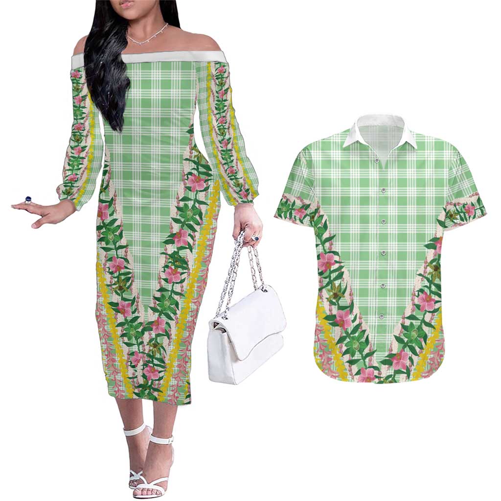 Hawaii Pikake Lokelani Plumeria Lei Couples Matching Off The Shoulder Long Sleeve Dress and Hawaiian Shirt Green Palaka Motifs