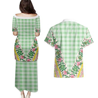 Hawaii Pikake Lokelani Plumeria Lei Couples Matching Puletasi and Hawaiian Shirt Green Palaka Motifs
