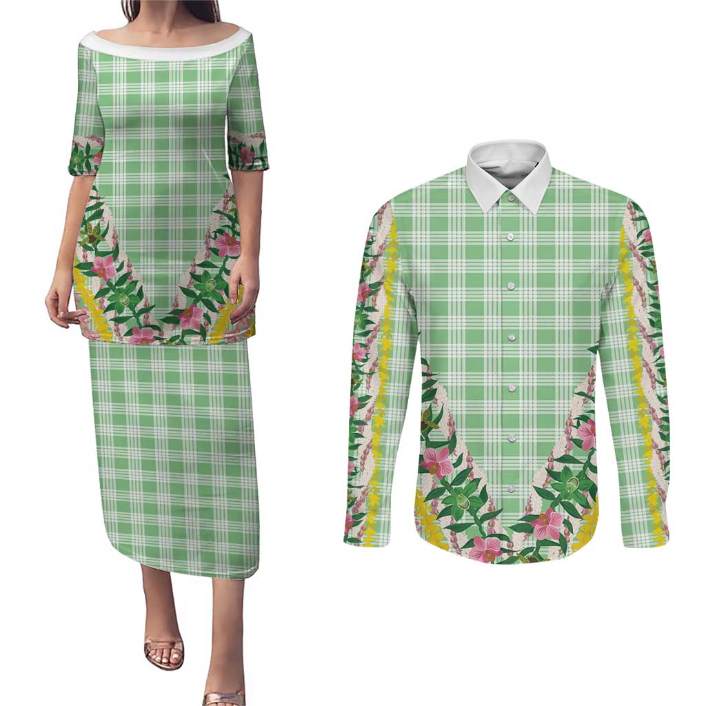 Hawaii Pikake Lokelani Plumeria Lei Couples Matching Puletasi and Long Sleeve Button Shirt Green Palaka Motifs