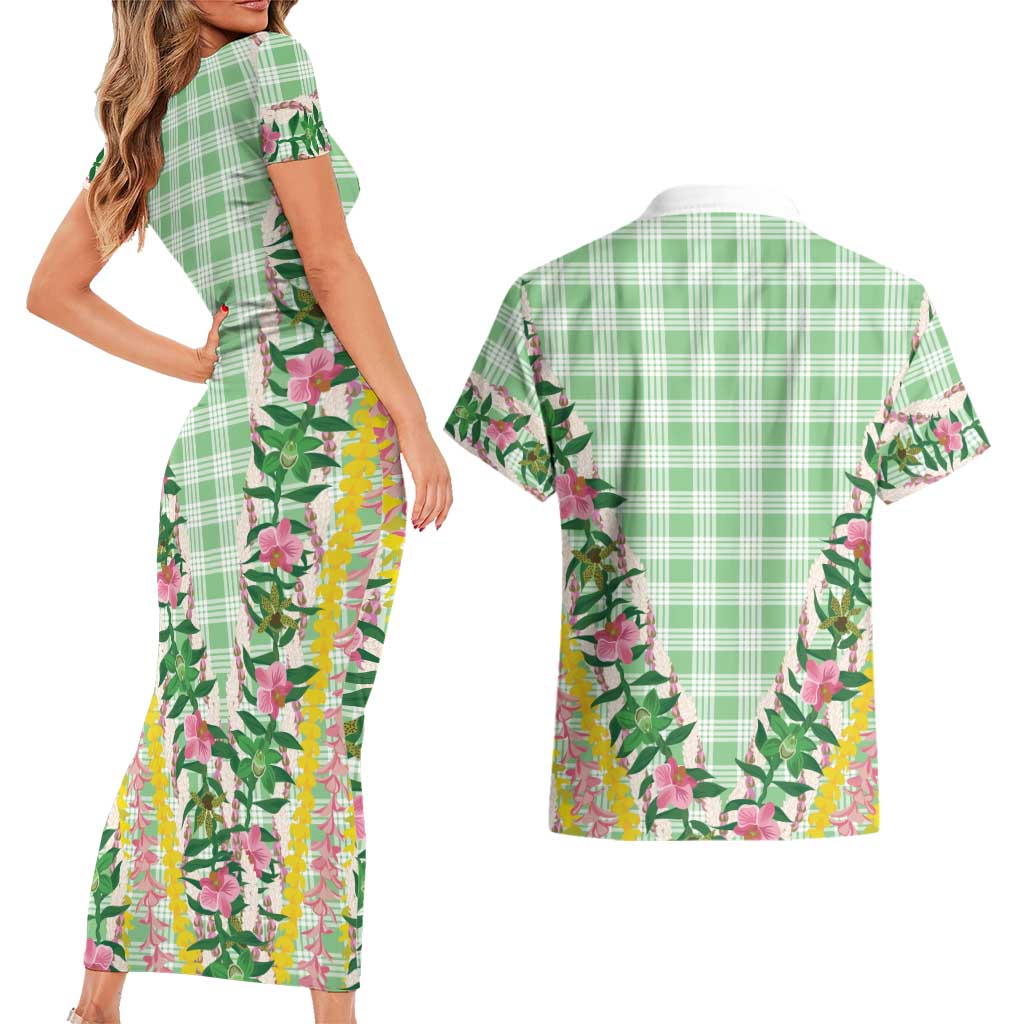 Hawaii Pikake Lokelani Plumeria Lei Couples Matching Short Sleeve Bodycon Dress and Hawaiian Shirt Green Palaka Motifs