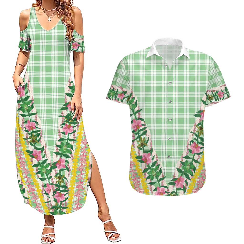 Hawaii Pikake Lokelani Plumeria Lei Couples Matching Summer Maxi Dress and Hawaiian Shirt Green Palaka Motifs