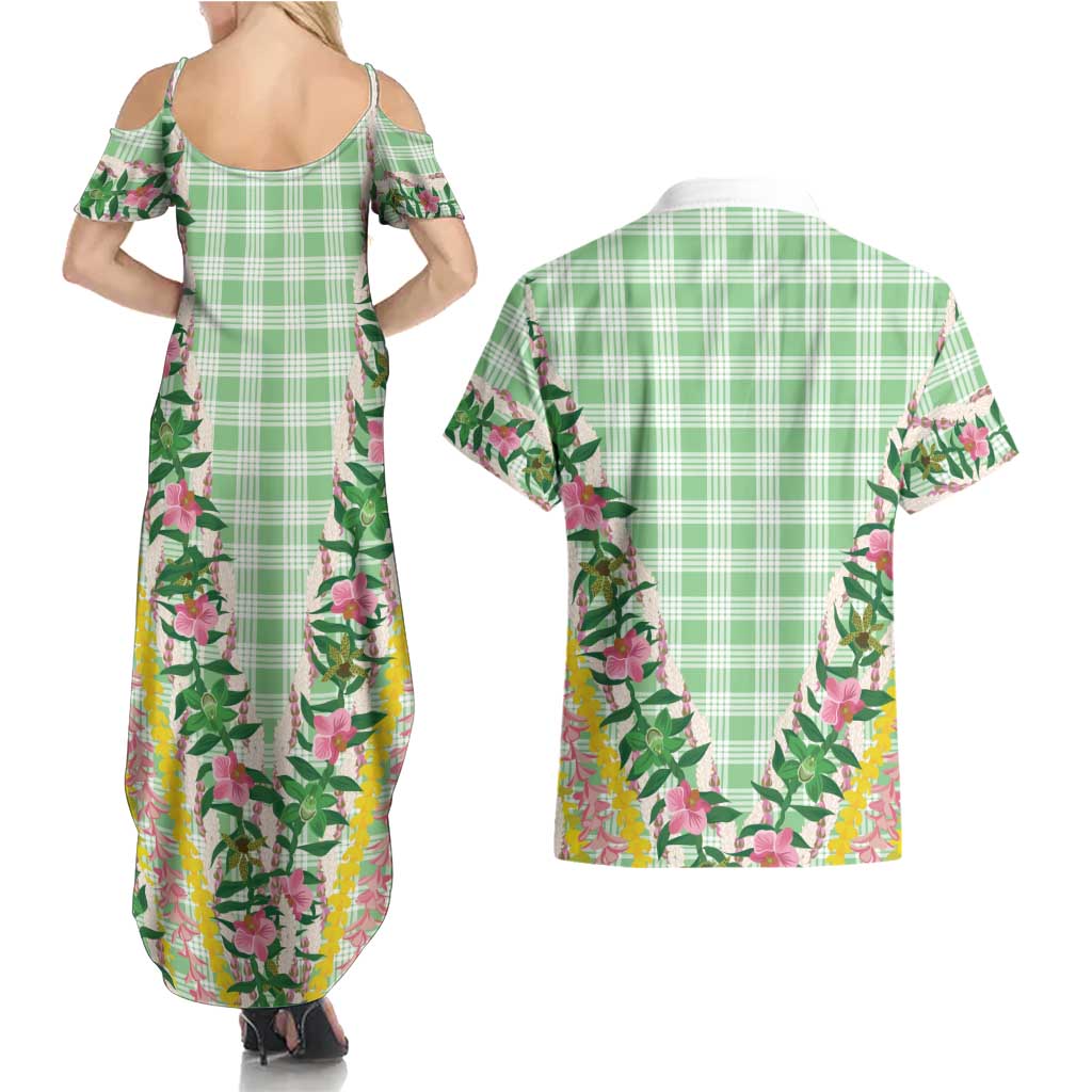 Hawaii Pikake Lokelani Plumeria Lei Couples Matching Summer Maxi Dress and Hawaiian Shirt Green Palaka Motifs