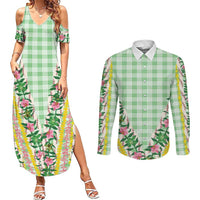 Hawaii Pikake Lokelani Plumeria Lei Couples Matching Summer Maxi Dress and Long Sleeve Button Shirt Green Palaka Motifs