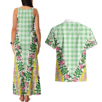 Hawaii Pikake Lokelani Plumeria Lei Couples Matching Tank Maxi Dress and Hawaiian Shirt Green Palaka Motifs