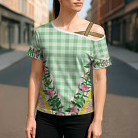 Hawaii Pikake Lokelani Plumeria Lei Cross Shoulder Shirt Green Palaka Motifs